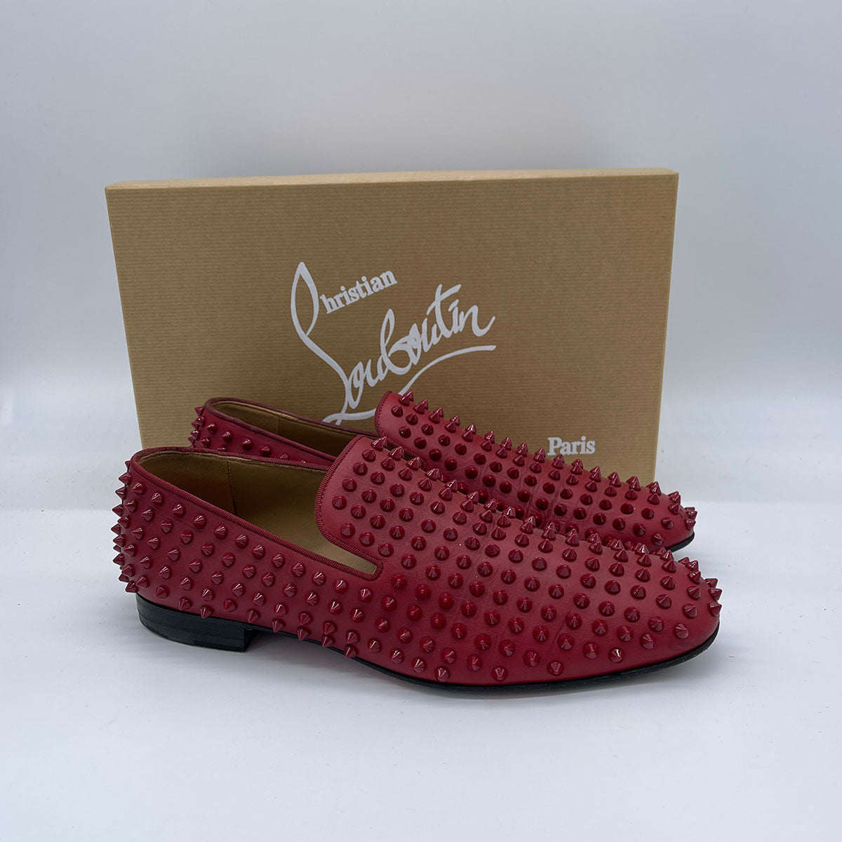CHRISTIAN LOUBOUTIN Rollerboy Spikes Flat Calf GG Loafers Shoes Red size 42.5