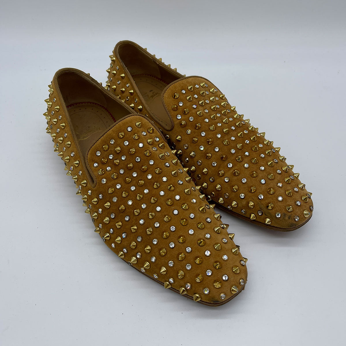CHRISTIAN LOUBOUTIN Dandy Flat Veau Velours Tan Spike Crystal Loafers Shoes 41.5
