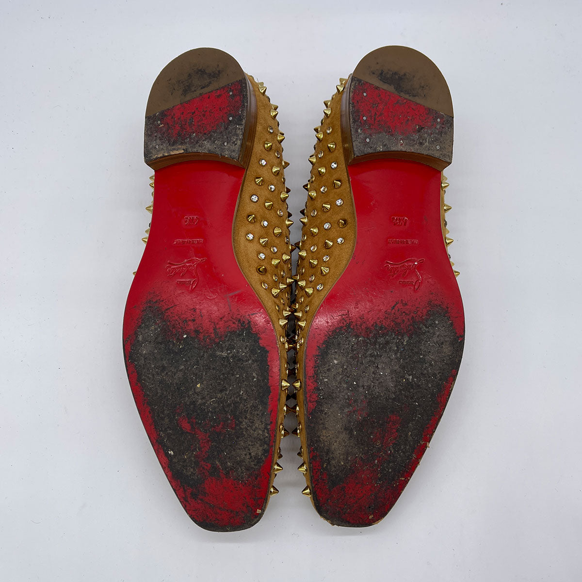 CHRISTIAN LOUBOUTIN Dandy Flat Veau Velours Tan Spike Crystal Loafers Shoes 41.5